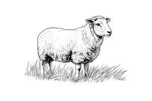 schattig schapen of lam gravure stijl vector illustratie. realistisch afbeelding. foto