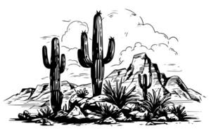 landschap met cactus in gravure stijl vector illustratie.cactus hand- getrokken schetsen imitatie. foto