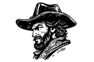 cowboy hoofd Aan hoed in gravure stijl. hand- getrokken inkt schetsen. vector illustratie. foto