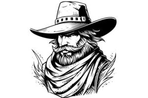 cowboy hoofd Aan hoed in gravure stijl. hand- getrokken inkt schetsen. vector illustratie. foto