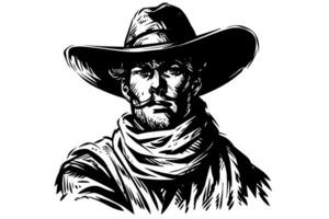 cowboy buste of hoofd Aan hoed in gravure stijl. hand- getrokken inkt schetsen. vector illustratie. foto