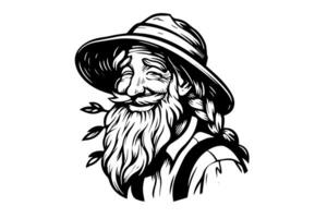 gelukkig boer in hoed gravure stijl. hand- getrokken inkt schetsen. vector logotype illustratie. foto