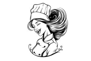 smiley vrouw chef inkt schetsen in gravure stijl. tekening jong vrouw vector illustratie. foto
