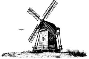 windmil in de veld- hand- getrokken wijnoogst schetsen. gravure stijl vector illustratie. foto