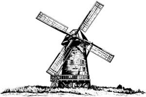 windmil in de veld- hand- getrokken wijnoogst schetsen. gravure stijl vector illustratie. foto