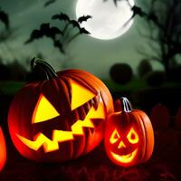 halloween pompoen achtergrond met spookachtig pompoen jack O lantaarn in een donker humeurig Woud foto