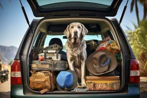 schattig hond zittend in de romp van een auto, ai gegenereerd foto