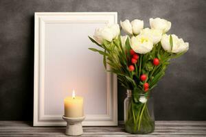 blanco foto kader voor mockup ontwerp met tulpen en Valentijn elementen, ai gegenereerd