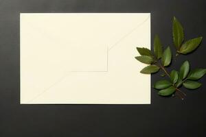 bruiloft uitnodiging kaarten papieren houdende Aan tafel versieren met bladeren, ai gegenereerd foto