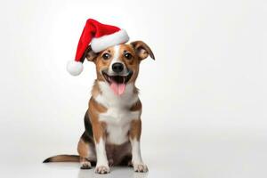schattig hond vervelend de kerstman hoed Aan wit achtergrond, ai gegenereerd foto