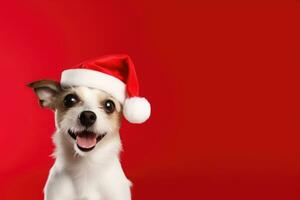 schattig hond vervelend de kerstman hoed Aan rood achtergrond, ai gegenereerd foto