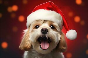 schattig hond vervelend de kerstman hoed Aan rood achtergrond, ai gegenereerd foto