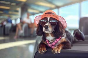 schattig hond zittend Aan bagage Tassen , ai gegenereerd foto