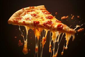 levitatie plakjes van pizza Aan zwart achtergrond, ai gegenereerd foto