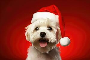 schattig hond vervelend de kerstman hoed Aan rood achtergrond, ai gegenereerd foto