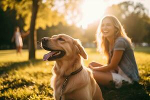 levensstijl portret. lachend vrouw en haar hond aan het liegen Aan de drassig samen, top visie, ai gegenereerd foto