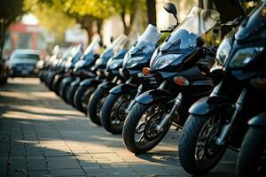 motorfietsen geparkeerd Aan de motorfietsen parkeren veel Aan bijeenkomst of evenement, ai gegenereerd foto