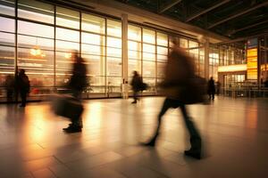 bedrijf mensen haasten in de lobby van de luchthaven, ai gegenereerd foto