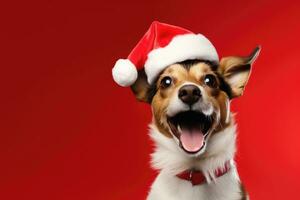 schattig hond vervelend de kerstman hoed Aan rood achtergrond, ai gegenereerd foto