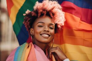 portret met regenboog vlag, ai gegenereerd foto