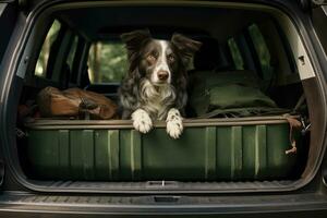 schattig hond zittend in de romp van een auto, ai gegenereerd foto