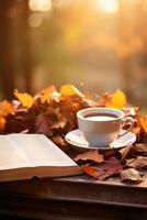 kop van zwart thee Aan stapel van boeken en herfst bladeren , ai gegenereerd foto