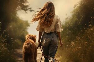 jong vrouw wandelen haar hond in de park in herfst dag, ai gegenereerd foto