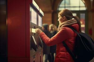 vrouw gebruik makend van Geldautomaat machine Bij metro station , ai gegenereerd foto