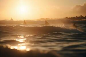 surfers rijden de golven Bij zonsondergang, omarmen de oceaan schoonheid - ai gegenereerd foto