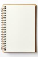 blanco Open notitieboekje met ring bindmiddel geïsoleerd Aan wit ideaal voor bedrijf school- kunst of ambacht scènes foto