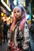 een jong vrouw reiziger zwerft takeshita straat in harajuku Tokio levendig hub van jeugd mode en cosplay foto