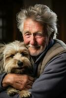 ai-gegenereerd binding tussen senior Mens en hond genereert aanhankelijk verbinding binnenshuis foto