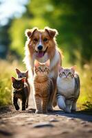 groep van huisdieren inclusief twee katten en een weinig honden wandelen Aan de zonnig weide gras foto