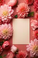 top visie van roze dahlia en rood fuchsia bloemen in envelop met papier kaart Notitie Aan roze achtergrond foto