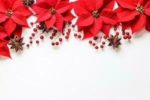 Kerstmis decoratie rood kerstster bloemen boom takken bal en bessen Aan wit achtergrond met tekst ruimte foto