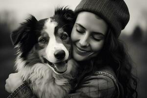 jong volwassen vrouw Holding haar hond , buitenshuis herfst park, ai gegenereerd foto