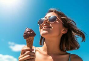 elegant vrouw genieten van een ijs room onder de zomer zon met zonnebril - ai gegenereerd foto