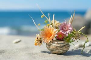 zomer themed flora regeling met een strandlandschap achtergrond generatief ai foto