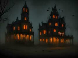 halloween nacht met spookachtig huis, vleermuizen en pompoen achtergrond beeld foto