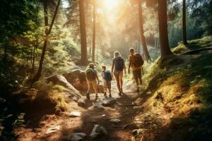 familie wandeltocht Woud reis. genereren ai foto