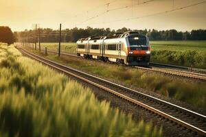 snel trein in platteland, gemaakt met generatief ai foto