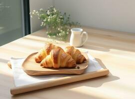 licht ontbijt achtergrond met croissants foto