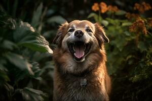 portret van een gelukkig buitenshuis zomer hond generatief ai foto