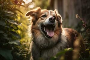 portret van een gelukkig buitenshuis zomer hond generatief ai foto