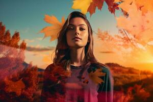 een mooi vrouw is omringd door herfst bladeren generatief ai foto