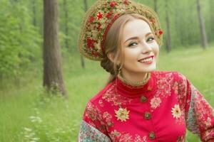 vrouw glimlach en genieten Bij natuur foto