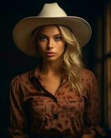 een mooi blond vrouw vervelend een cowboy hoed generatief ai foto