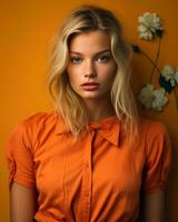 een mooi blond vrouw in een oranje overhemd en wit bloemen generatief ai foto