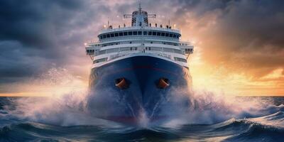 majestueus schip overwinnen de oceaan machtig golven met haar kiel - ai gegenereerd foto