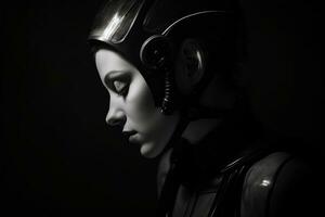 een zwart en wit foto van een vrouw vervelend een helm generatief ai